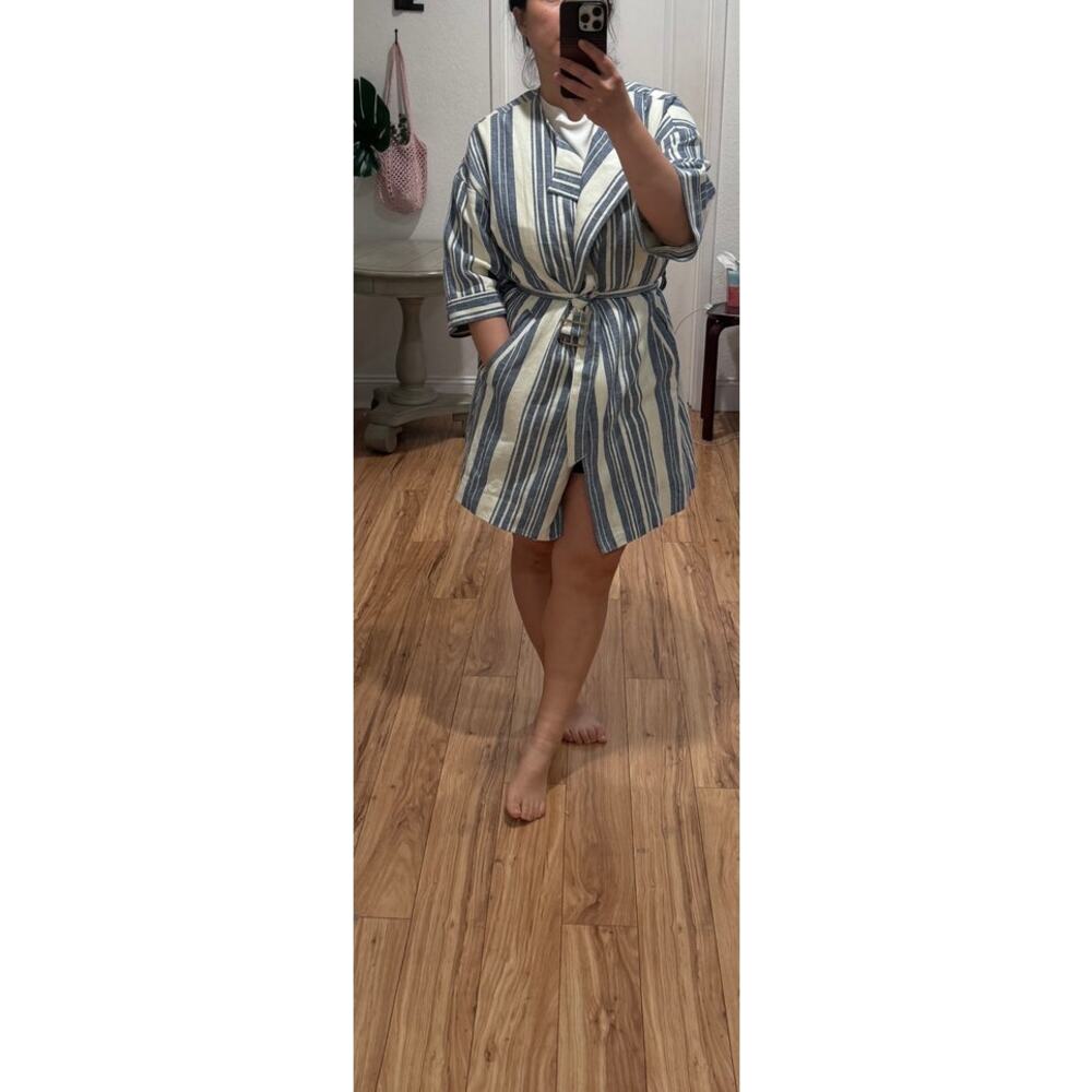Elevenses Anthropologie Striped Linen Blend Belted Coat Jacket Blue White Sz S - Picture 6 of 6